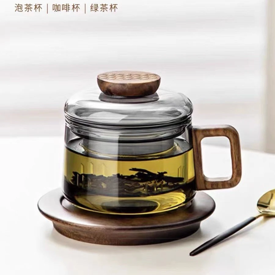 迷你墩墩杯玻璃泡茶杯办公室小容量喝水杯家用木把茶水分离花茶杯