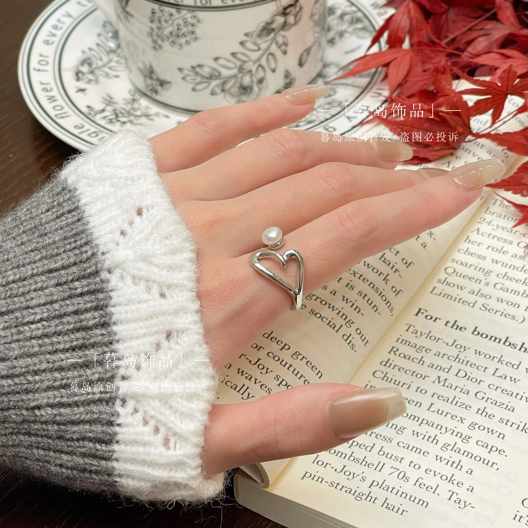 【暮岛饰品】银色爱心珠珠简约戒指百搭气质A074