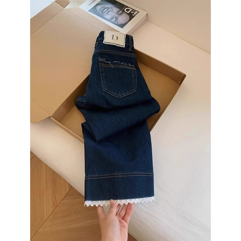 深蓝色蕾丝牛仔裤春季新款大码梨形身材显瘦小个子阔腿宽松直筒裤
