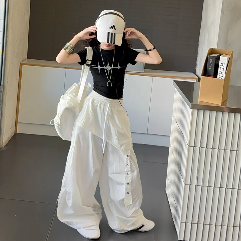女童街舞套装2025中大童辣妹夏季酷帅嘻哈背心美式轻薄速干工装裤