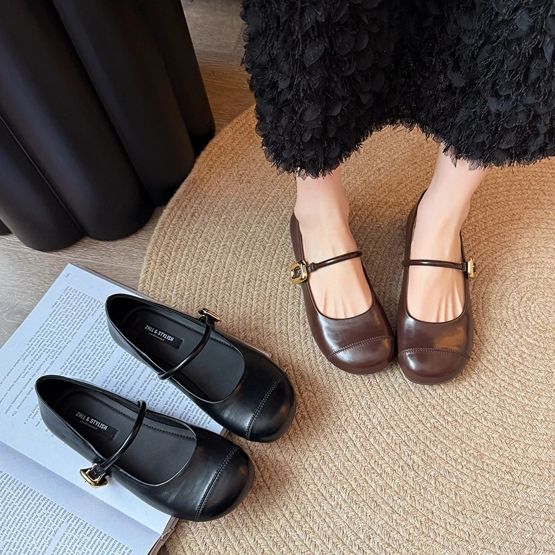 【诺一家加宽加肥大码女鞋】春季玛丽珍鞋浅口一字扣复古圆头平底鞋