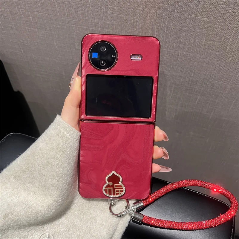 适用vivoxflip手机壳酒红色电镀流光纹素皮手提vivoxflip时尚潮流