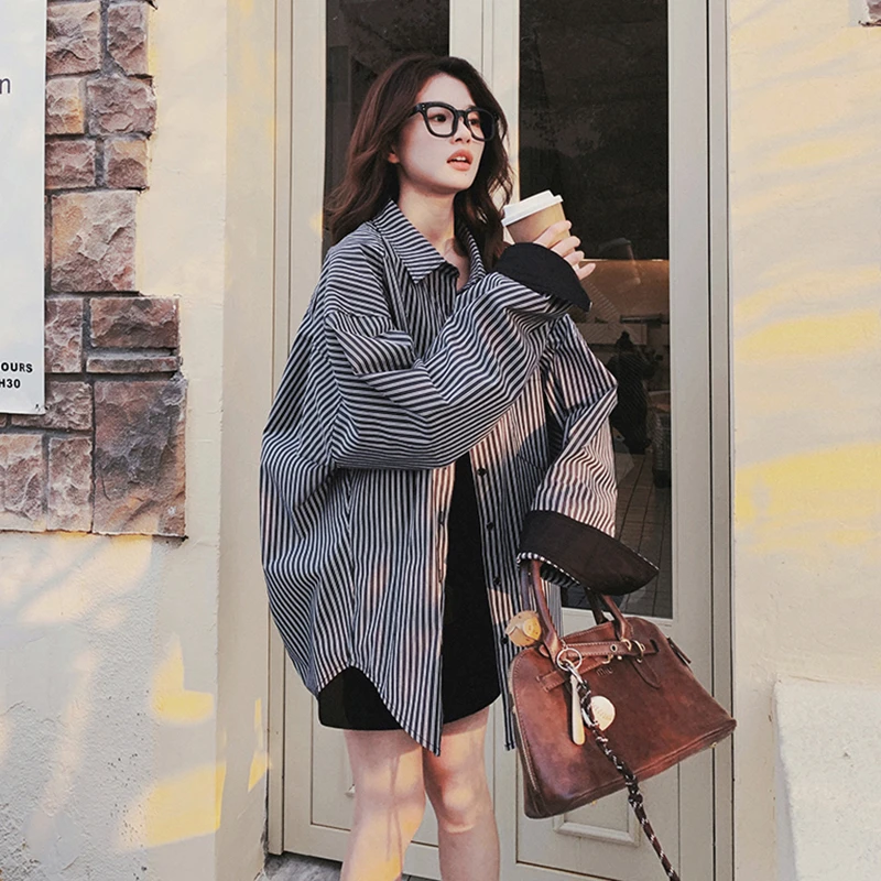 撞色条纹衬衫女2025春秋新款高级感韩系灰色炸街休闲百搭不规则