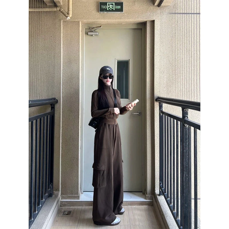 秋冬休闲运动套装高级感美拉德拉链百搭长袖上衣高腰宽松阔腿裤女