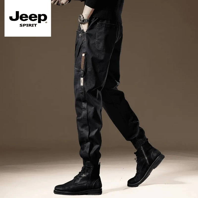 jeep吉普高端美式复古拼接休闲工装裤子男秋冬新款宽松束脚长裤男