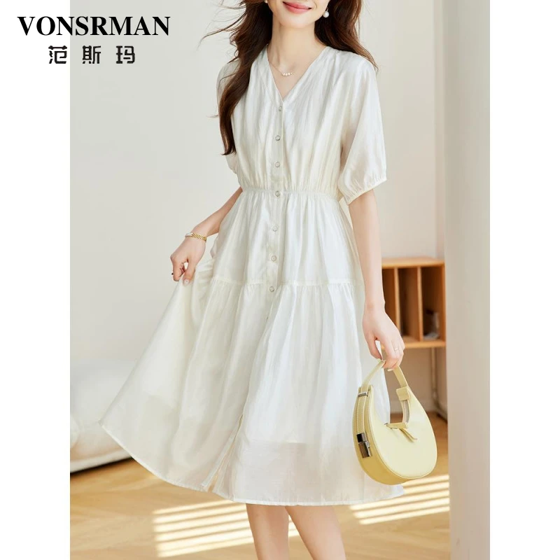 VONSRMAN通勤气质V领连衣裙女夏季2025新款时尚休闲收腰显瘦雪纺