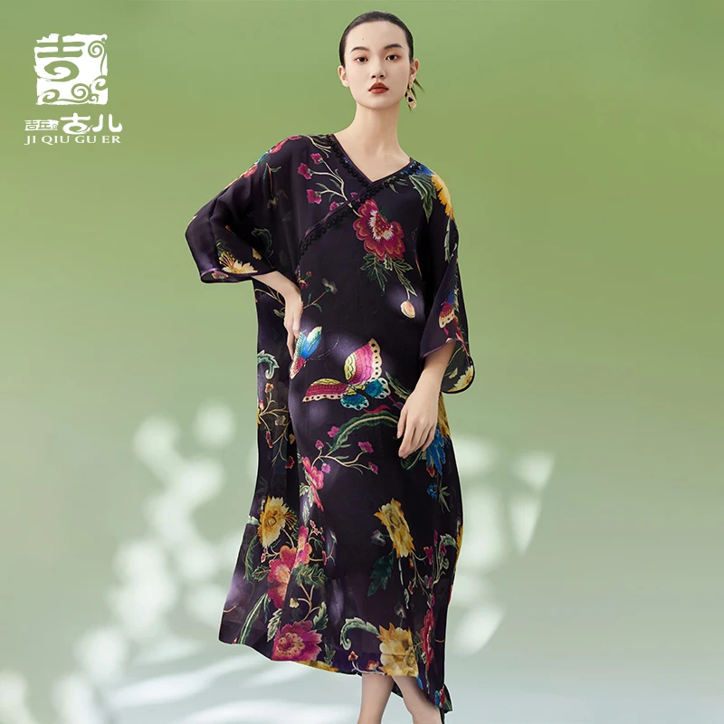 吉丘古儿迎春V领连衣裙显瘦气质中国风薄款休闲复古日常G242Y043