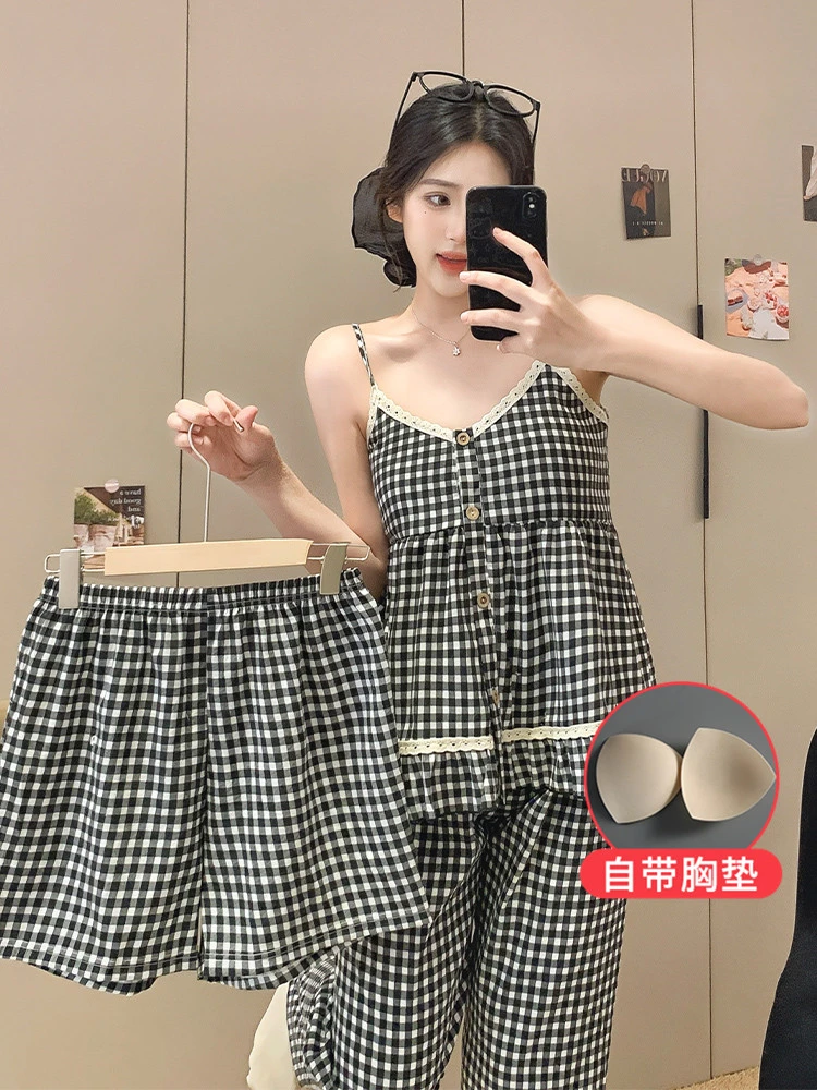 透气格子夏季青年睡衣家居服套装时尚带胸垫三件套家居服网红