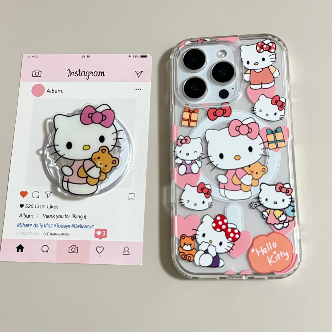 【亚克力磁吸】可爱粉色满屏kt支架透明手机壳适用苹果17/16/15防摔