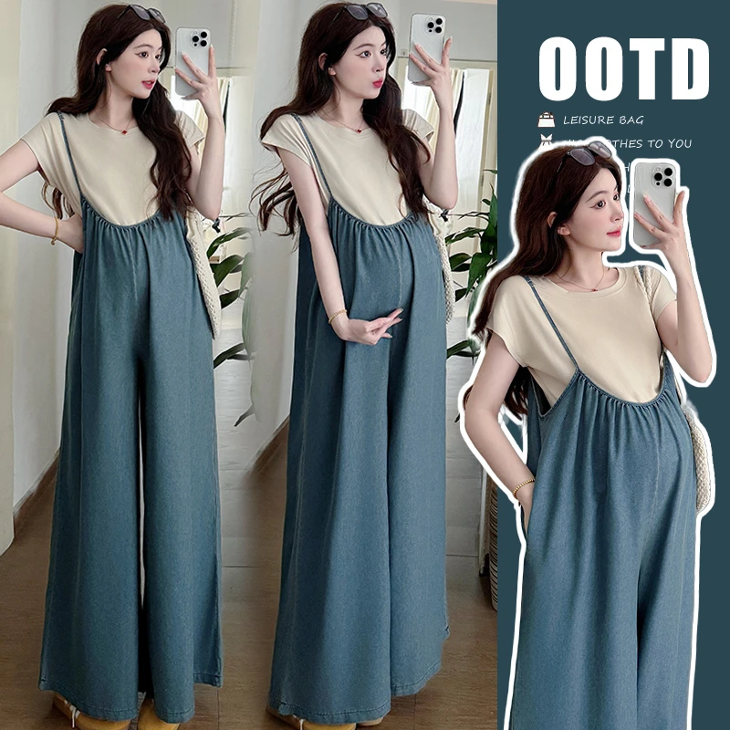 2025孕妇装夏装薄款牛仔背带裤+弹力百搭T显瘦孕妇两件套