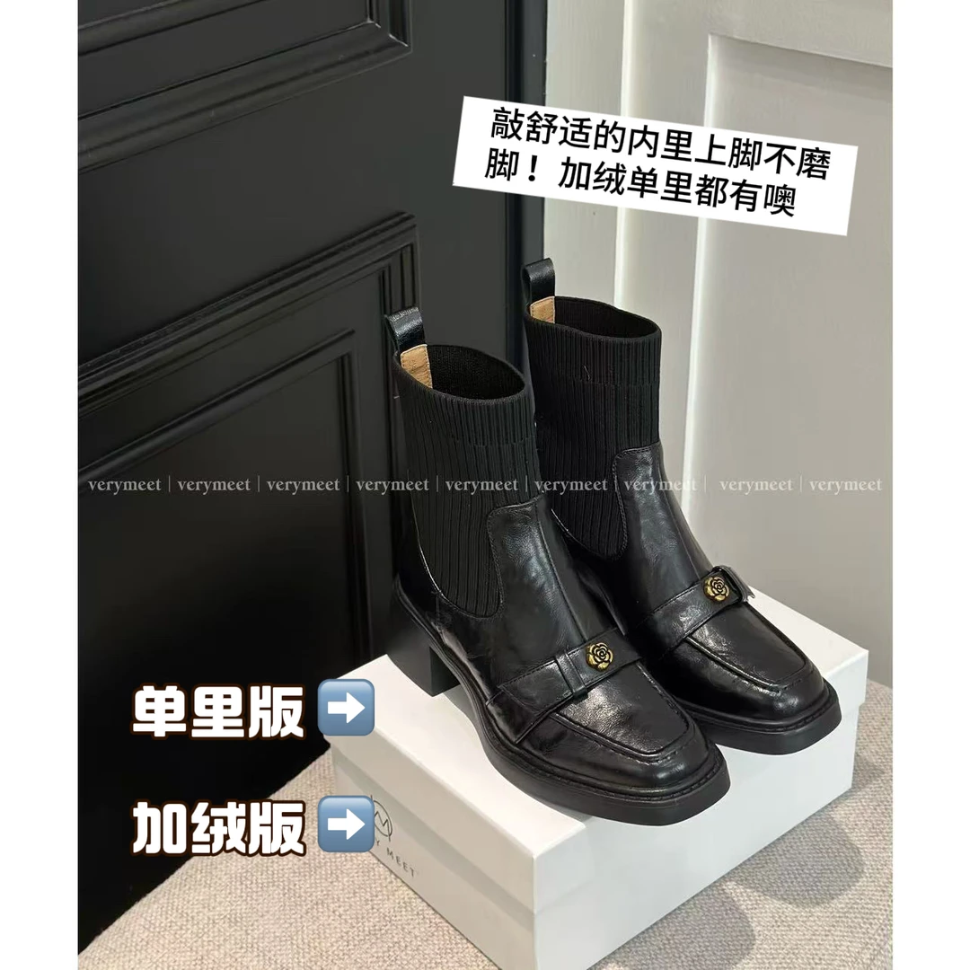 【保价双十一】2025秋新款弹力靴时尚百搭靴子女粗跟方头袜靴