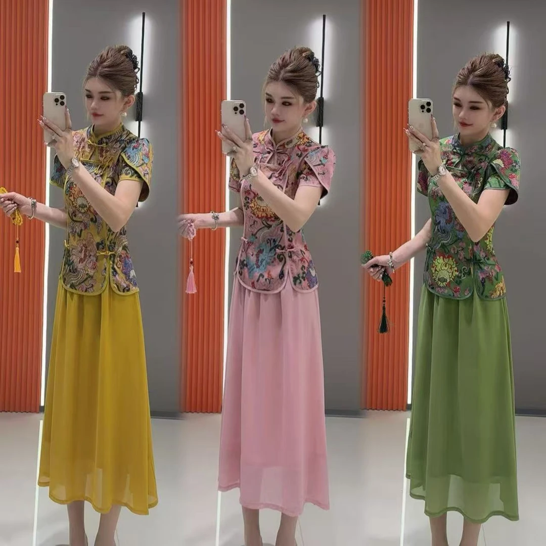 小 8411 国风私人定制盘扣雕花美肩收腰短袖上衣 加 网纱裙两件套