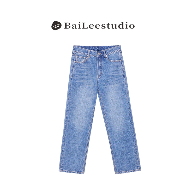 【柏栗良品】早春款韩范简约百搭水洗蓝窄版显瘦宽松牛仔裤女5300