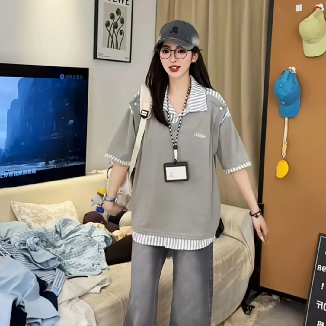 【零逸专属】美式假两件条纹POLO领280克短袖T恤男女宽松情侣上衣