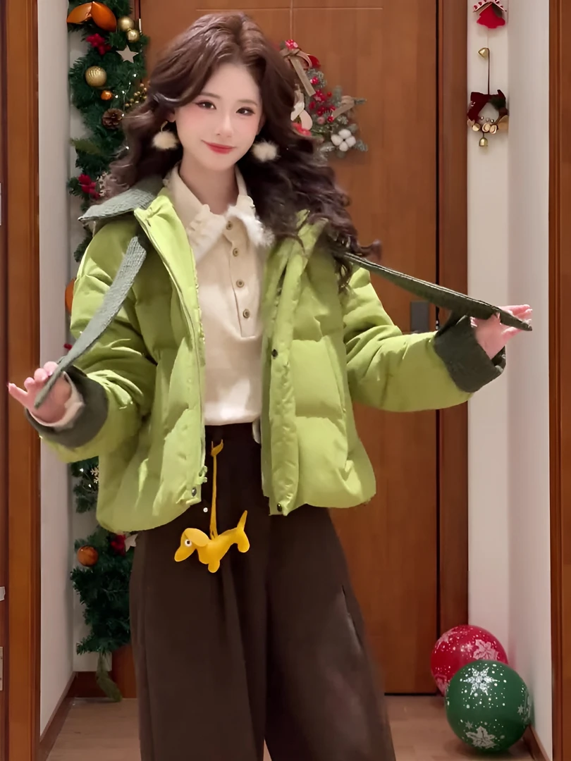 韩版宽松格纹连帽泡芙面包服冬季2025新款棉服上衣女装巨好看流行