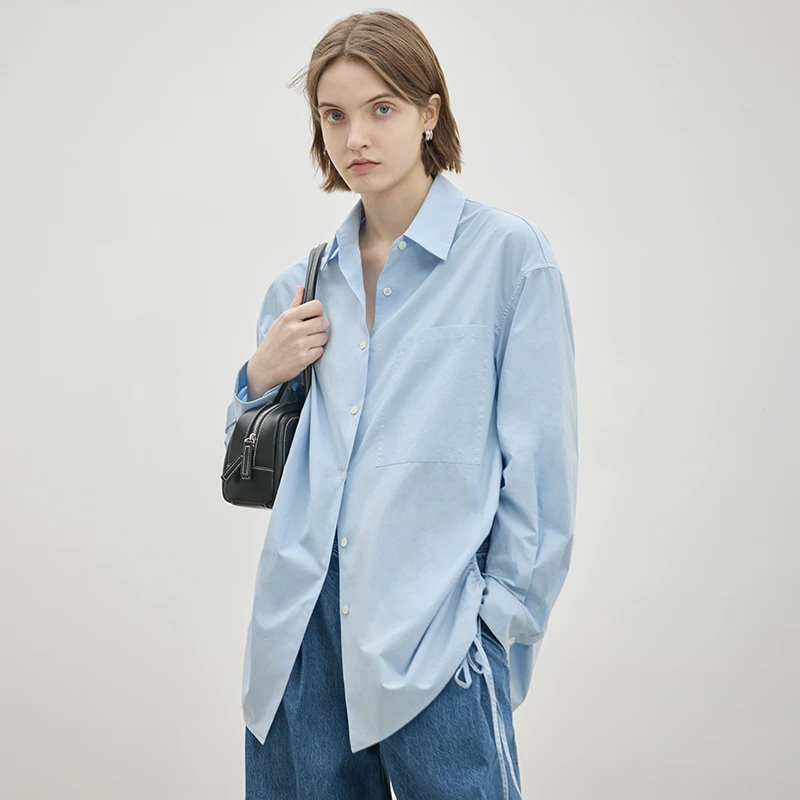 BLUEWEDIAN2025春秋下摆抽绳开叉60支纯棉衬衫女宽松简约衬衣上衣