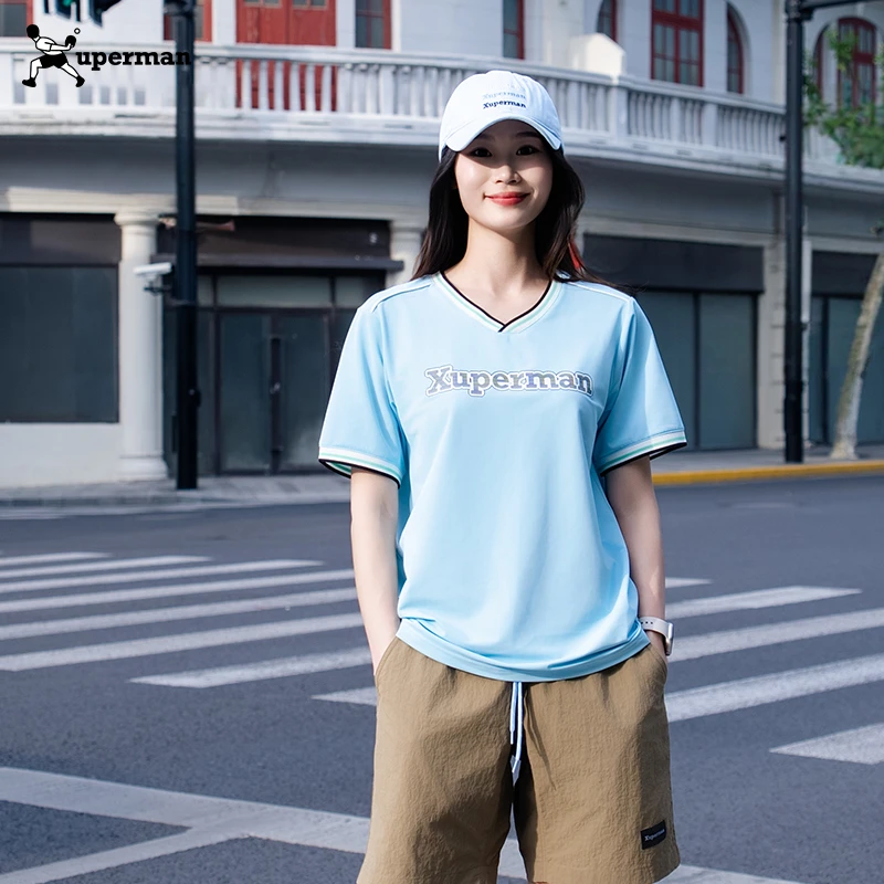 Xuperman凉感珠地棉V领条纹印花夏季t恤宽松休闲上衣男女透气运动