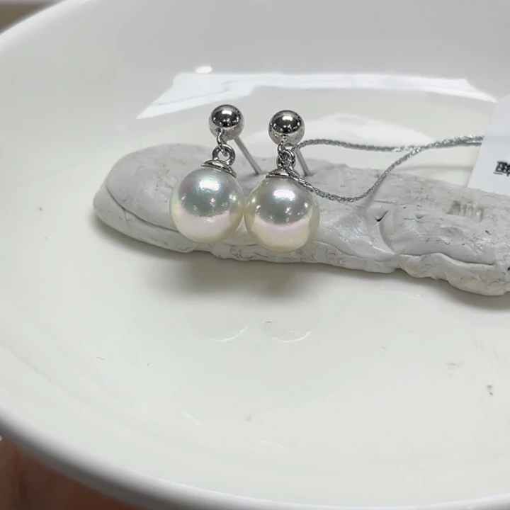 银S925镶嵌耳饰海水珍珠8-9mm80号