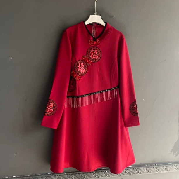 新中式复古气质立领盘扣改良旗袍连衣裙女修身显瘦喜庆红色
