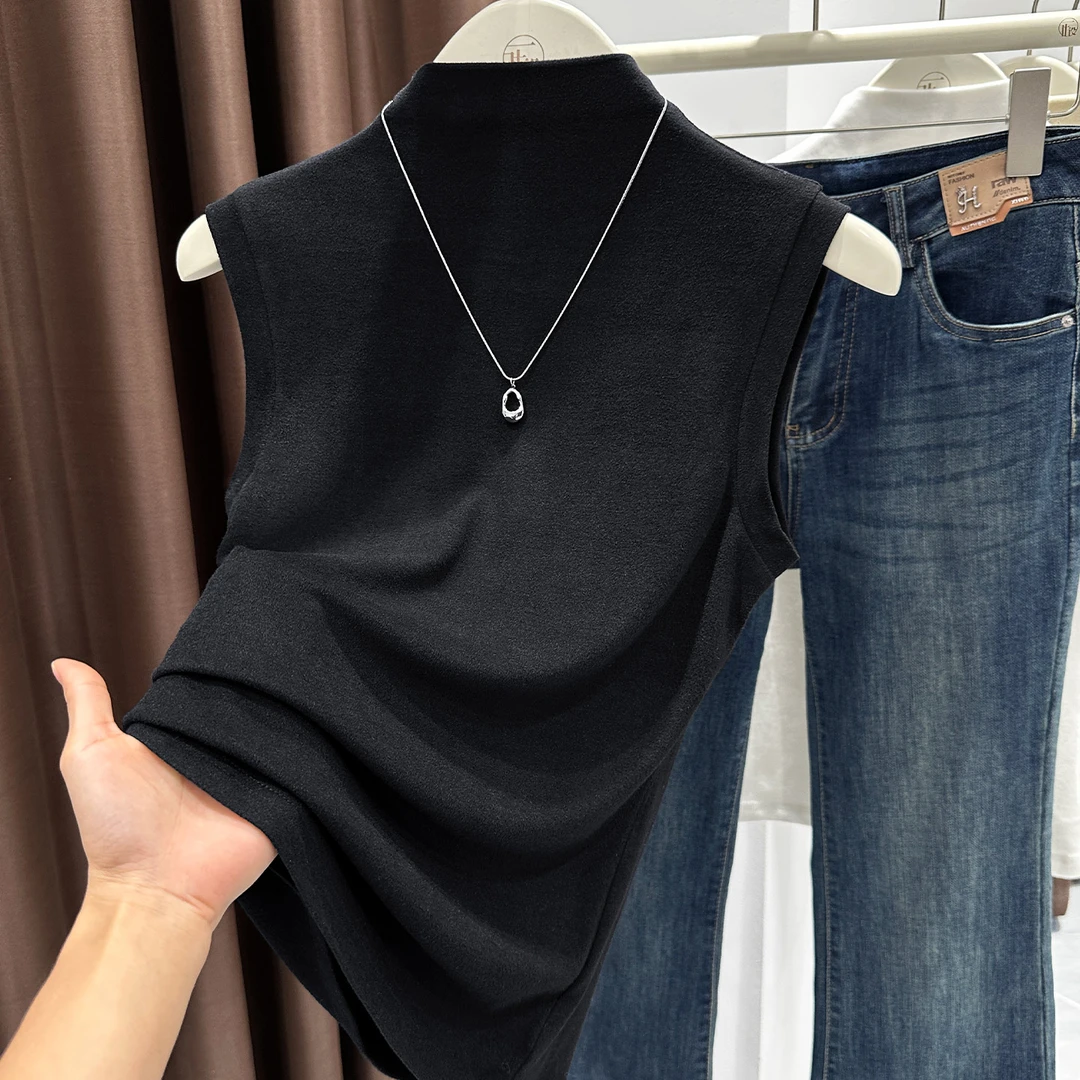 2025秋冬新款洋气内搭叠穿无袖背心黑色气质半高领套头打底上衣女