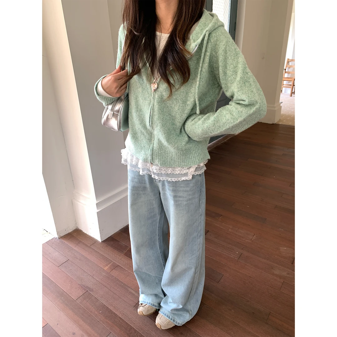 ANA 韩国设计师品牌 秋冬 直筒显瘦微A 复古水洗做旧蓝牛仔裤