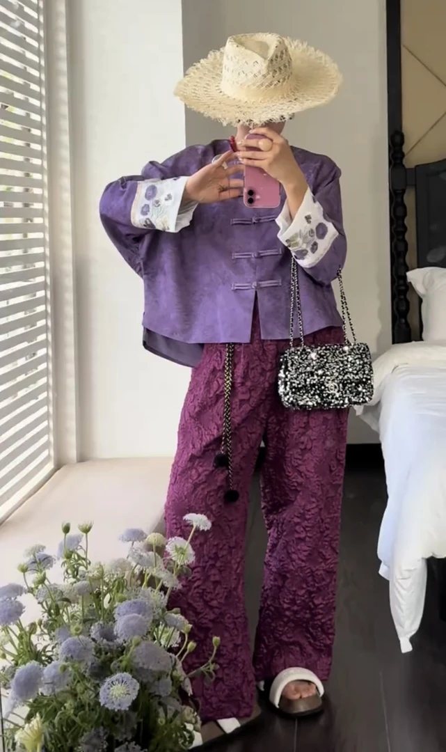 NXJ【紫水晶】微胖大码 浮雕提花宽松阔腿裤直筒裤长裤 240216