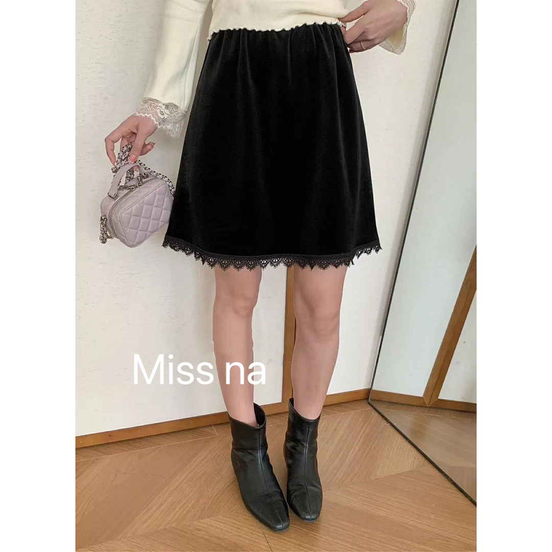 Miss na 5893-2 韩系轻奢定制醋酸丝绒特色蕾丝拼接Ａ字短裙