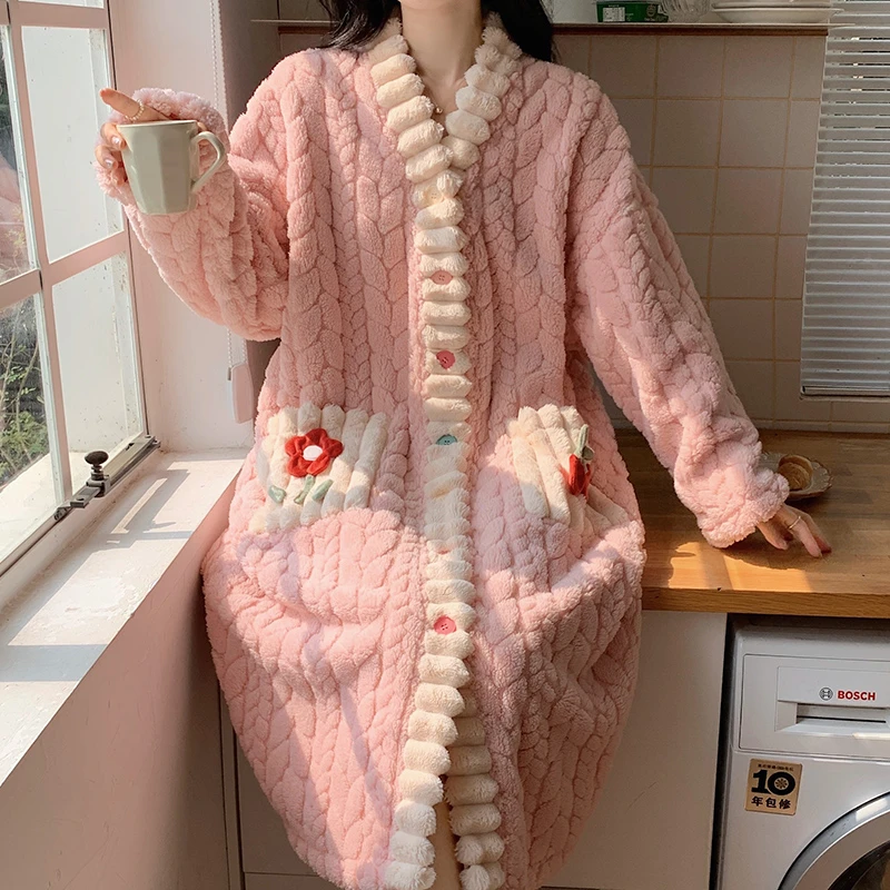 冬季新款珊瑚绒睡袍女胖MM宽松加绒加厚保暖大码200斤睡袍浴袍女