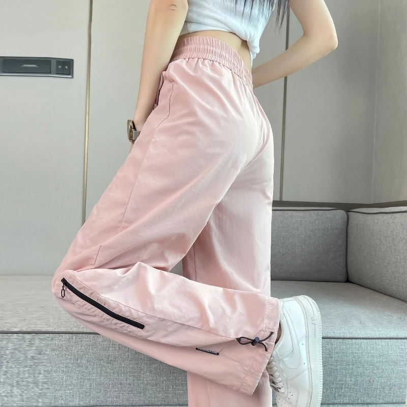 粉色速干工装裤女夏季薄款休闲美式束脚冰丝运动酷飒风阔腿冲锋裤