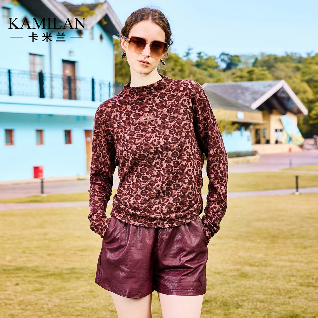 卡米兰法式复古印花针织毛衣女2024秋冬新款小立领打底衫内搭上衣