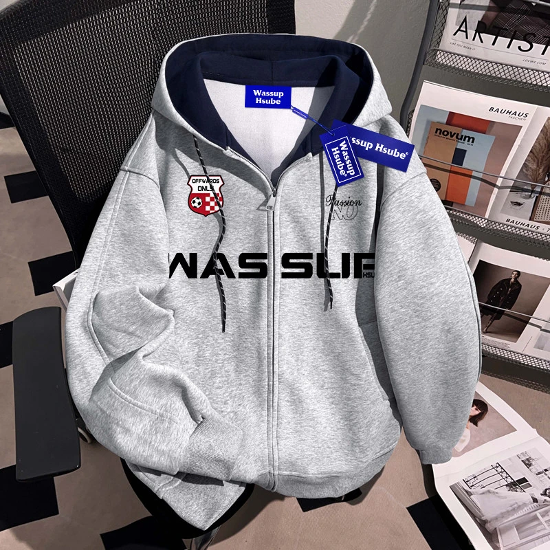 WASSUP HSUBE秋冬季加绒连帽外套创意英文印花开衫男女款拉链卫衣