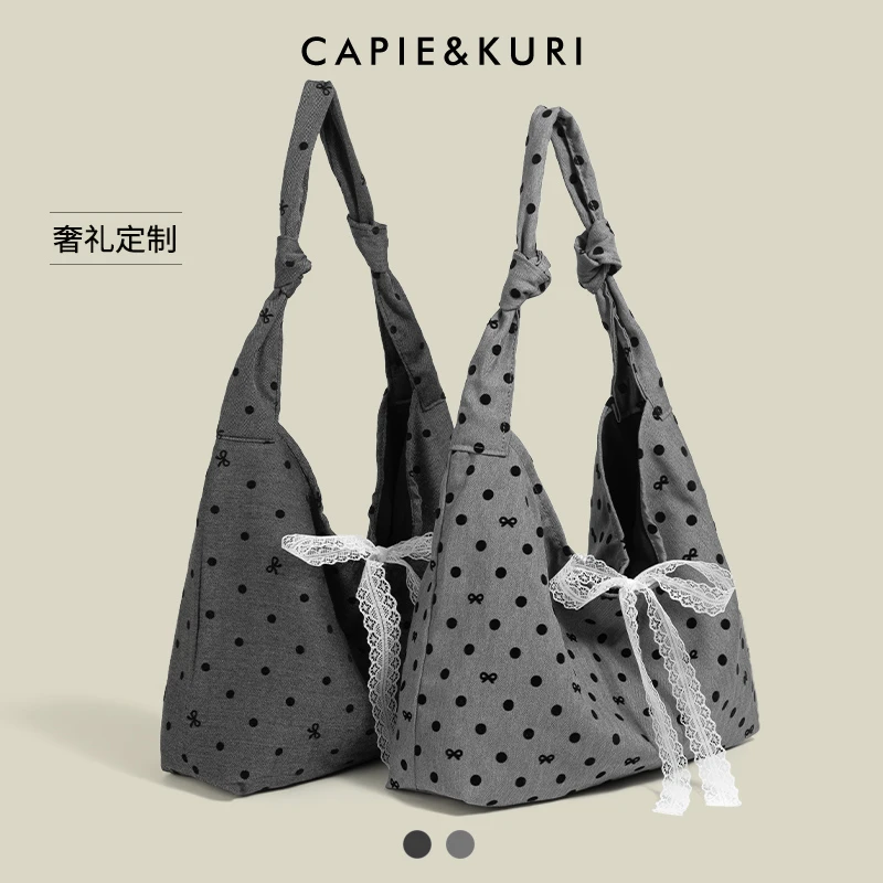 CAPIE&KURI韩系波点蝴蝶结帆布包女2025新款大容量百搭通勤单肩包