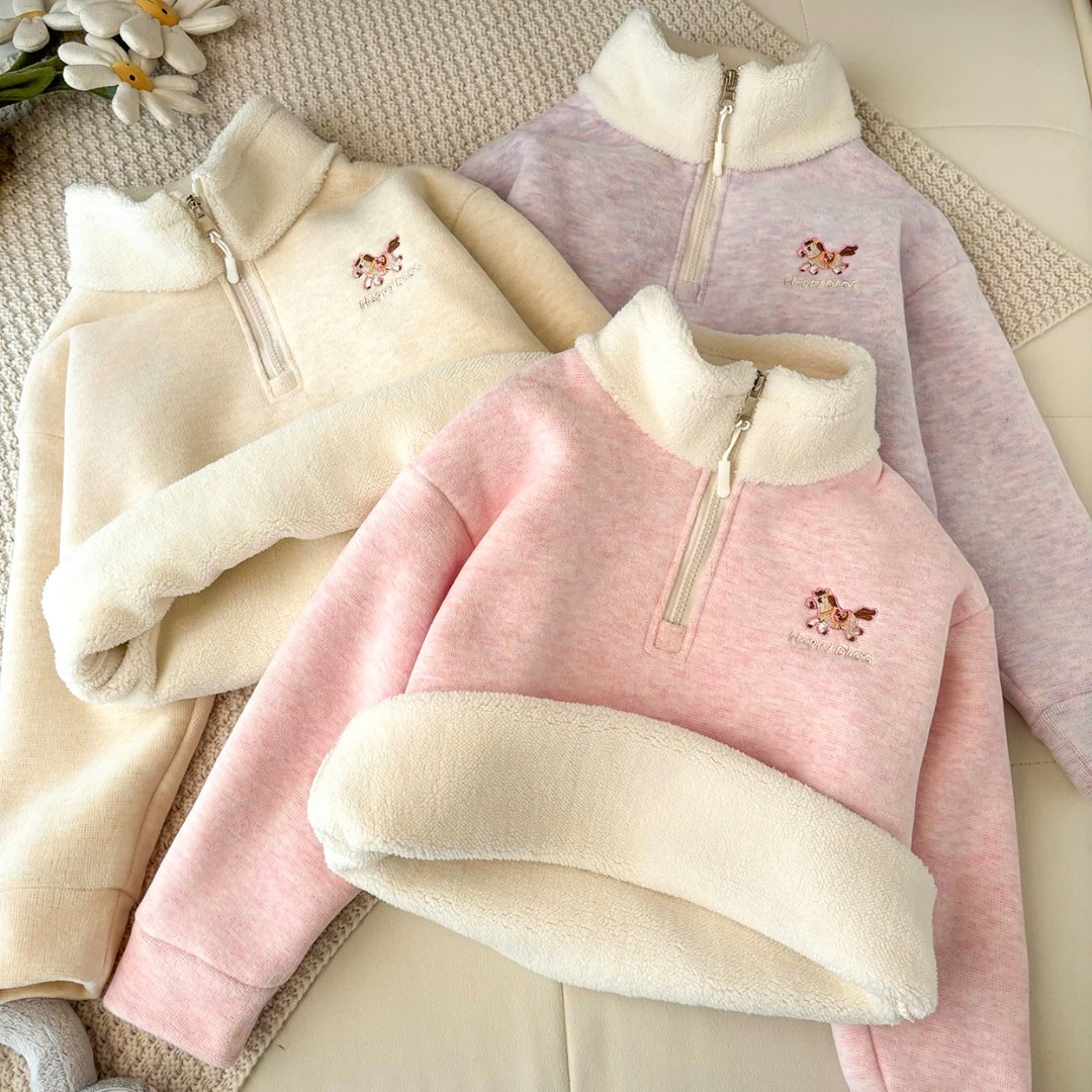 女童卫衣卡通冬季加绒加厚款女保暖休闲风运动时尚中大童拉链立领