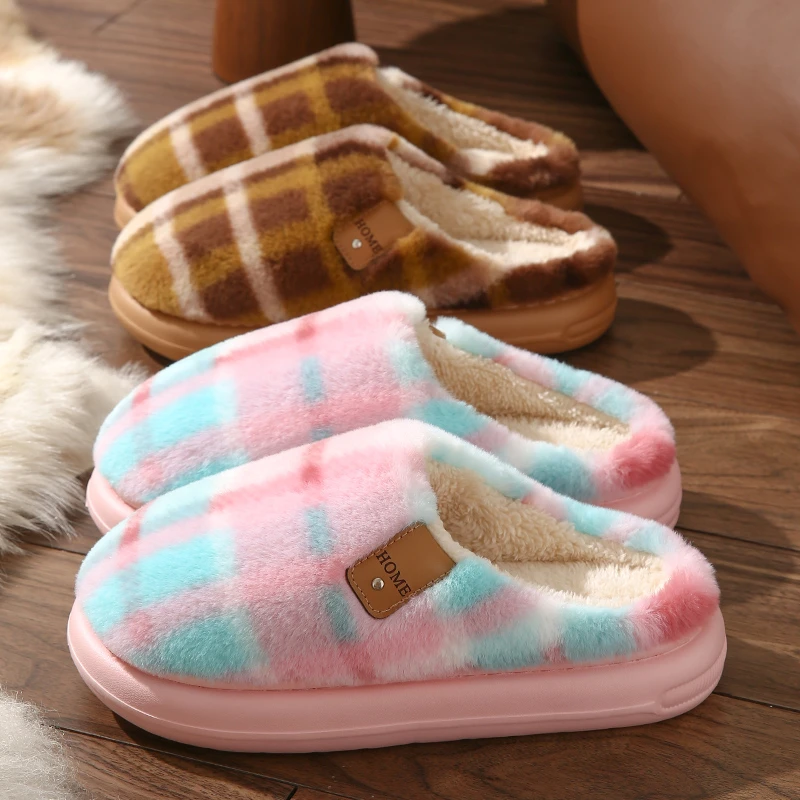新款情侣时尚撞色条纹方格加厚底棉拖居家保暖防寒女款棉拖男