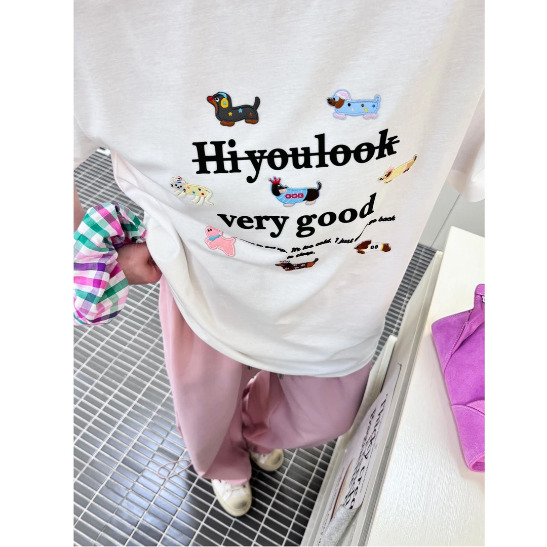 【字母腊肠狗】韩系卡通腊肠狗图案宽松大版短袖T恤上衣