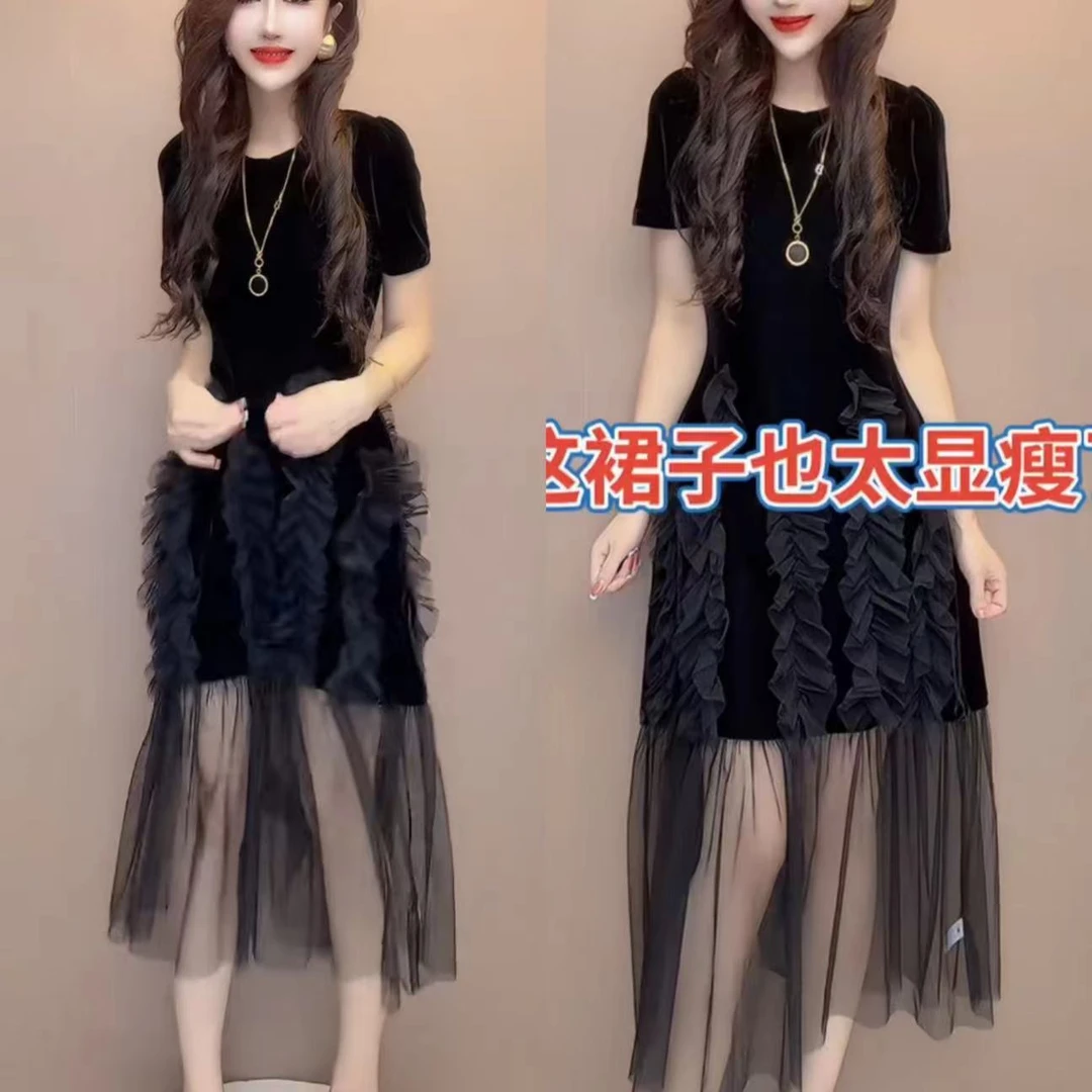 A字裙圆领宽松腰夏季拼接连衣裙洋气裙子慵懒风