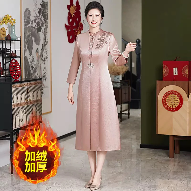 加绒2025秋冬加厚外套香槟色喜妈妈婚宴礼服连衣裙喜婆婆敬酒服J