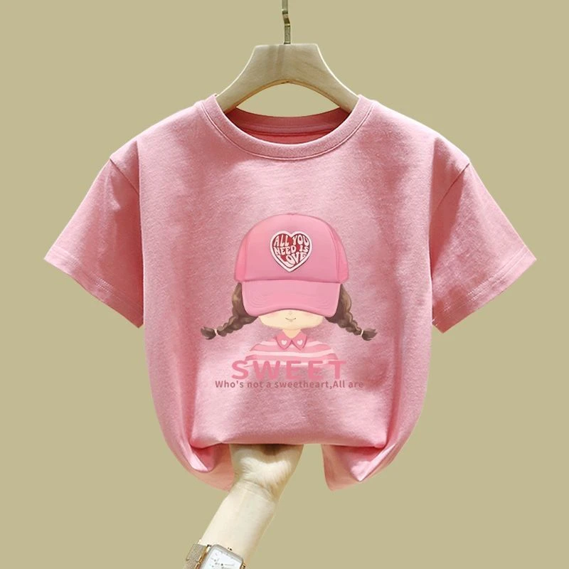 中大童女童短袖纯棉t恤2025夏季新款童装洋气时髦半袖粉色上衣ins