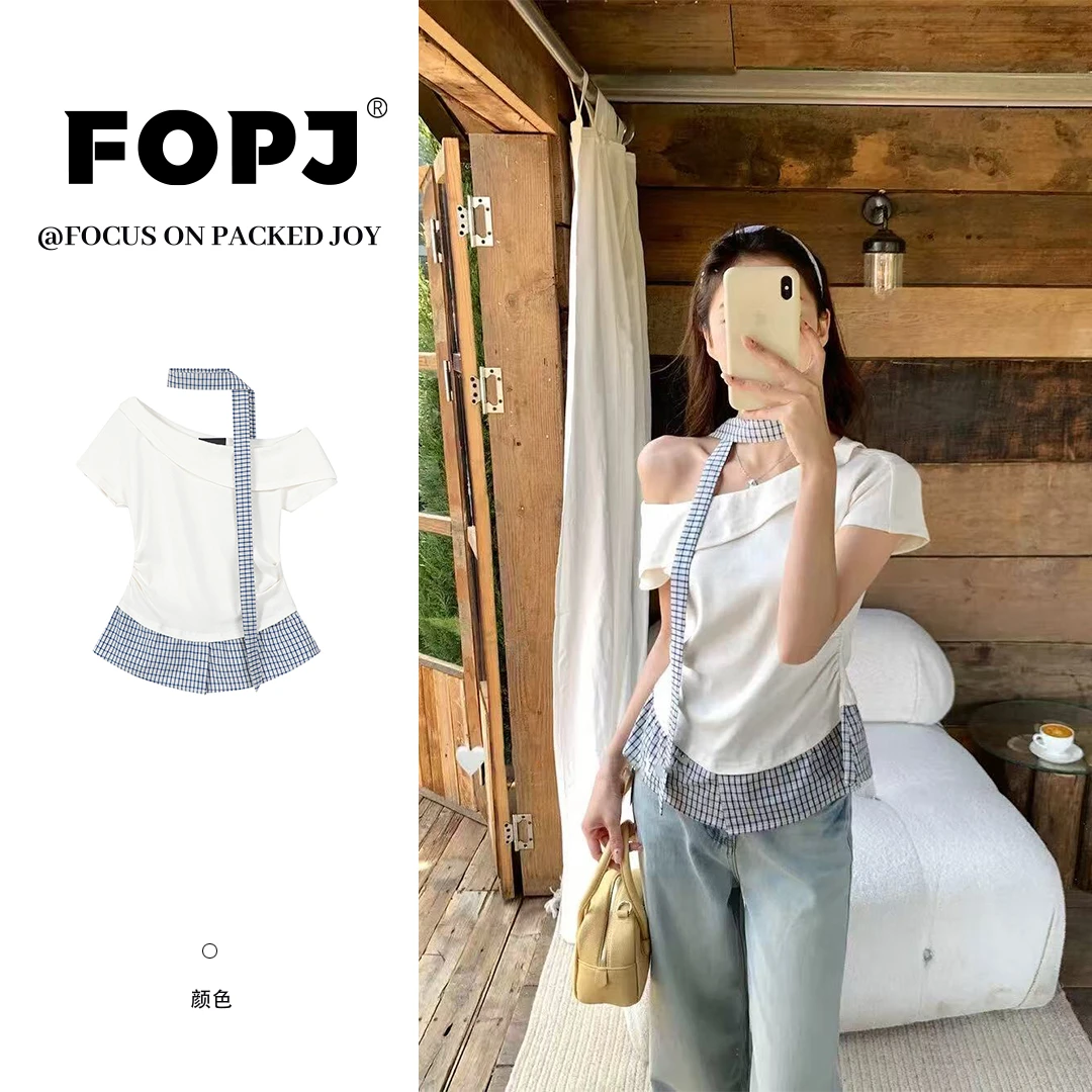 FOPJ韩系2025夏季新款设计荷叶花边拼接格子假两件短袖T恤上衣女