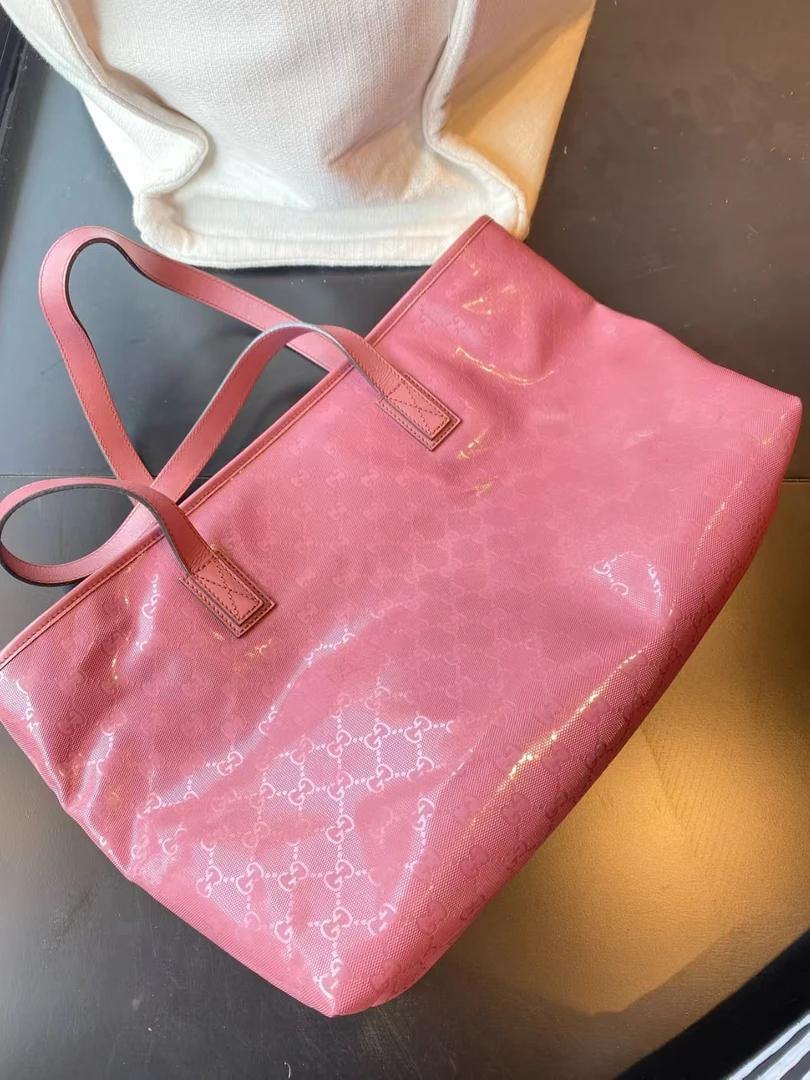 99新 GUCCI/古驰 大力中古/粉色老花印花购物袋托特手提包