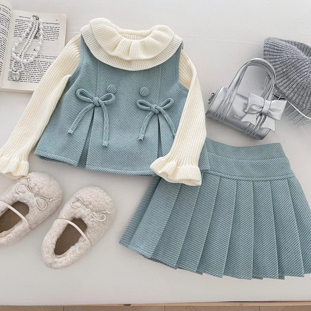 【青鸾】女童秋冬夹棉马甲三件套加绒裙子毛衣套装休闲女孩DD50154