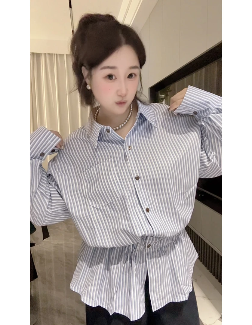 「小吴家」韩系早秋学院风蓝条收腰衬衫显瘦百搭