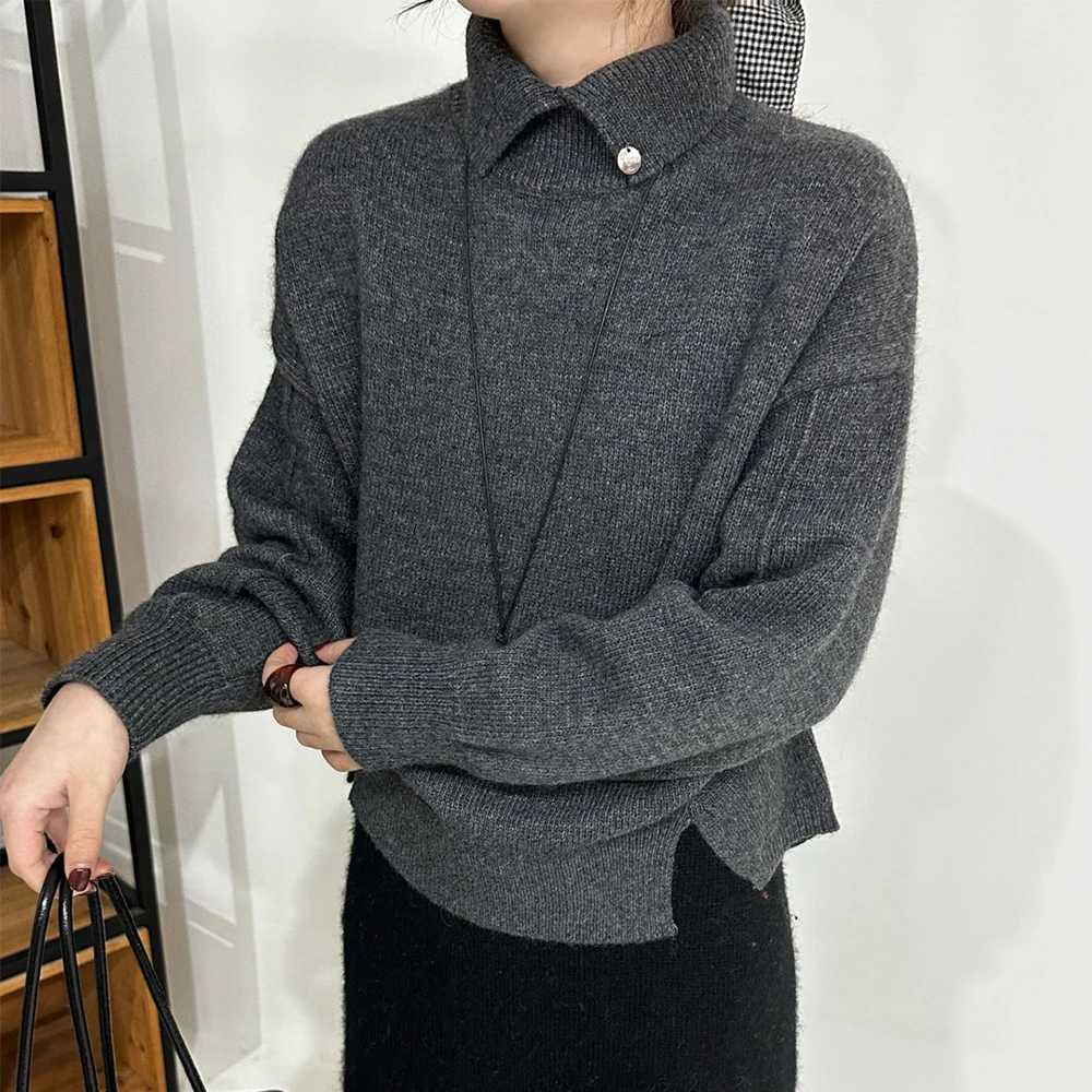 翻领灰色针织衫女士2025秋冬高级感内搭减龄软糯显瘦洋气毛衣上衣