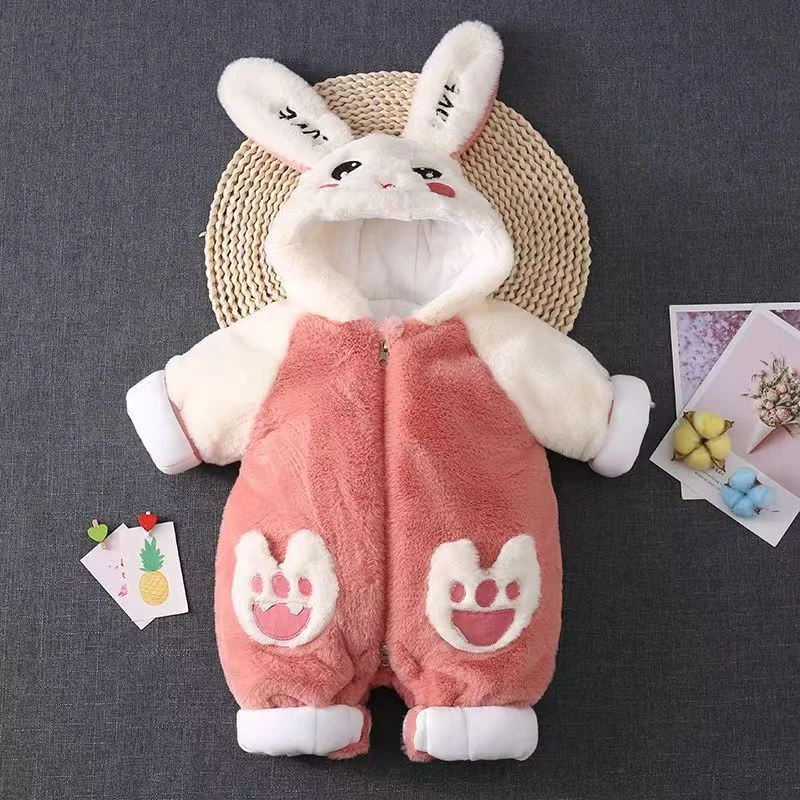 新款上新！！0122冬款婴幼儿加绒保暖兔毛连帽卡通大耳朵兔连体哈衣