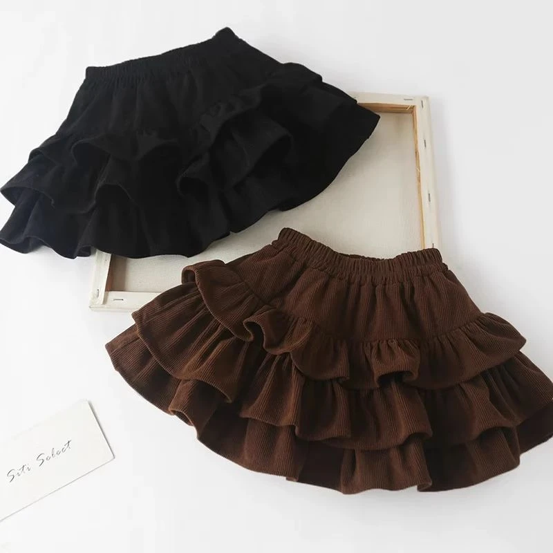 儿童秋冬半身裙甜美荷叶边灯芯绒半身裙女童韩版蓬蓬百褶短裙