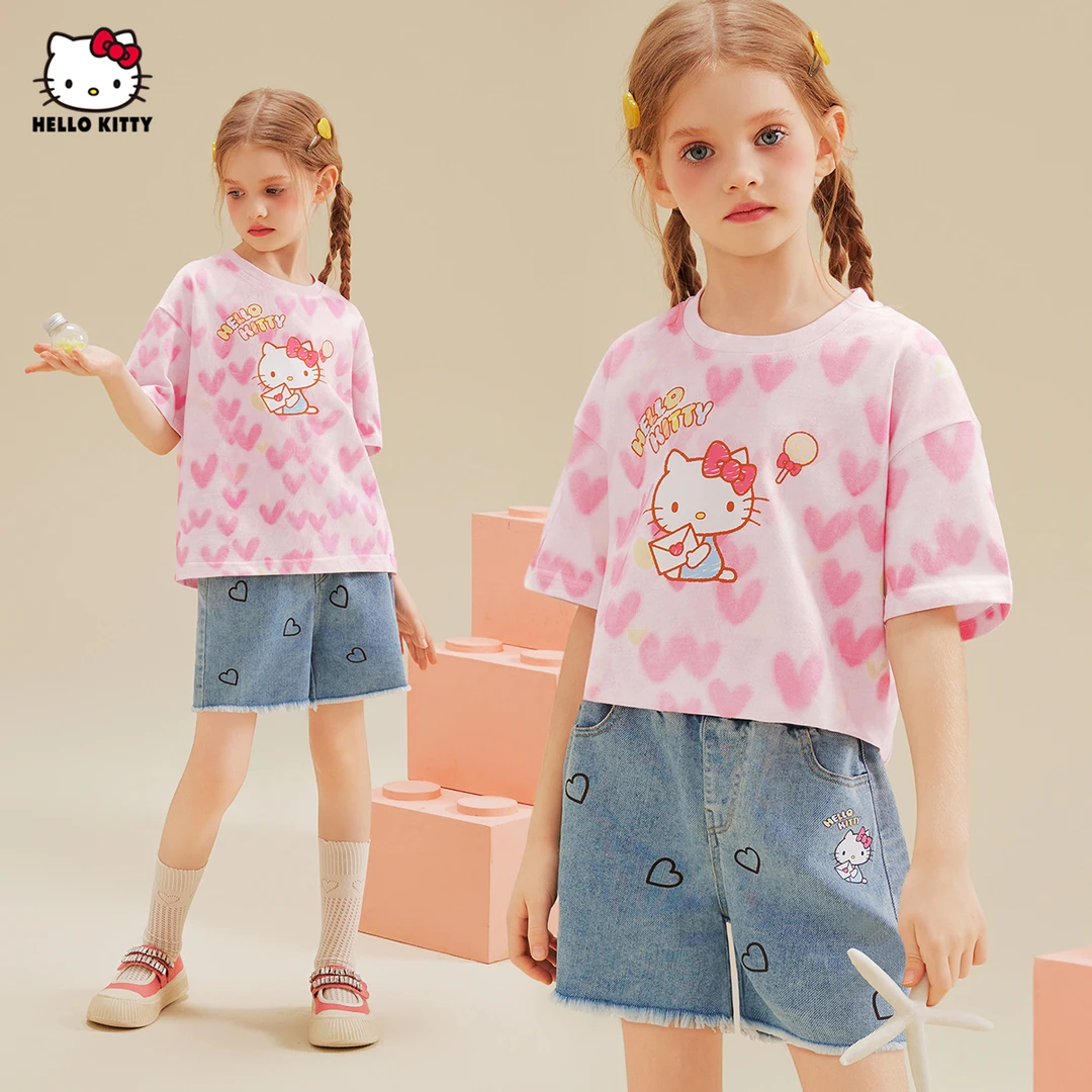 女童夏季短袖短裤两件套2025新款凯蒂猫爱心满印中大童套装