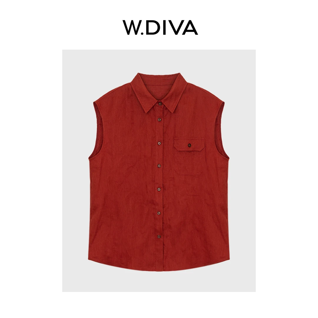 W.Diva【梅子酒】天然亚麻老钱风百搭单口袋红色无袖衬衫52S262524