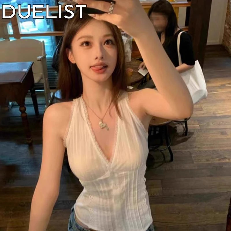 DUELIST蕾丝挂脖吊带上衣女新款夏装独特绝美穿搭背心牛仔裤套装