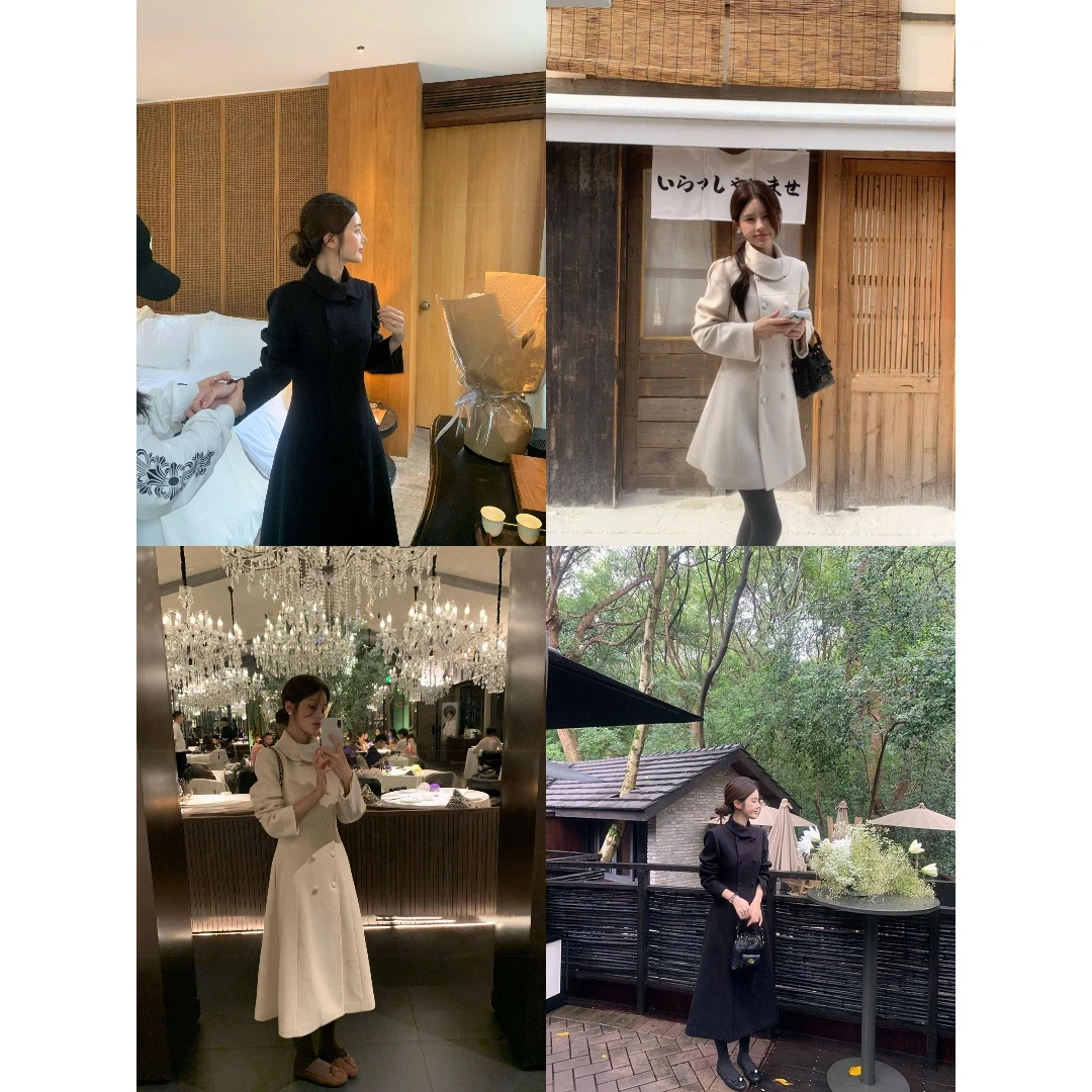 奥黛丽韩版小翻领分割线双排扣小香设计感毛呢大衣22863#