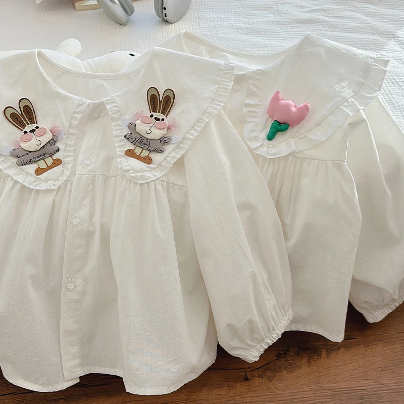 儿童新款女童衬衫春秋长袖娃娃领荷叶边立体花朵立体欧若风童装